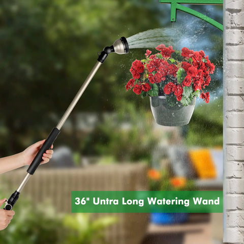RESTMO 36-inch metal watering wand with 180° swivel head and black grip watering a hanging red geranium pot