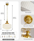 Vintage Brass Pendant Lamp With White Pleated Milk Glass Ceiling Fixture dimensions, adjustable chain, glass lampshade, and brass plate details.