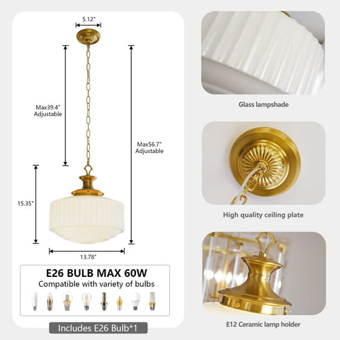 Vintage Brass Pendant Lamp With White Pleated Milk Glass Ceiling Fixture dimensions, adjustable chain, glass lampshade, and brass plate details.