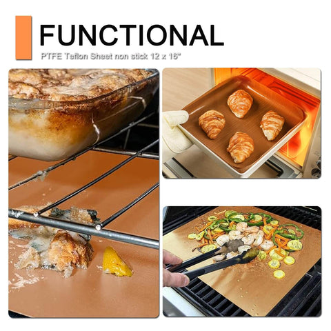 Must Have Nonstick Teflon Sheets 12 By 16 Inches shown with baking and grilling food applications