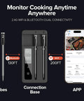 Dual Probe Wireless Meat Thermometer With Bluetooth And WiFi for BBQ Grills showing probes, base, and app interface on phone