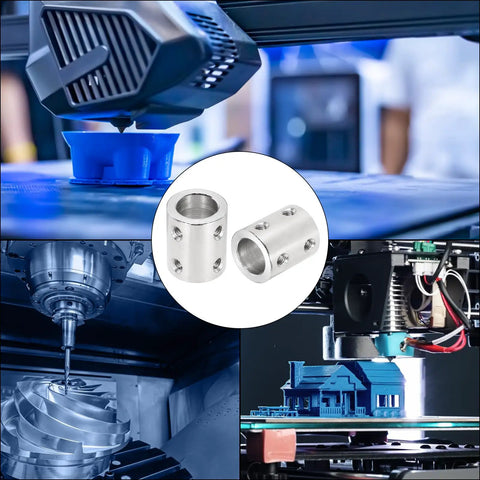 Rigid 12mm To 12mm Shaft Coupler Set In High Strength Steel For 3D Printers And DIYers, Encoder Ready With Low Noise And Vibration, Includes 24 Screws And Hex Wrench, Six Pcs, shown with 3D printer and CNC use