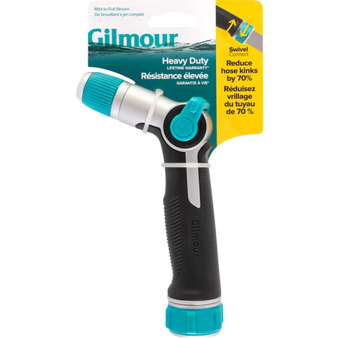 Medium Duty Thumb Control Garden Hose Nozzle With Adjustable Spray Pattern in packaging, ergonomic handle, one hand trigger lock.