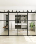 Premium Clear Tempered Glass Bypass Barn Doors 144 By 96 Inches With Heavy Duty 12 Foot Double Track Hardware Kit shown in modern closet setting.