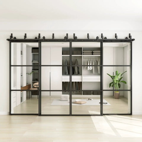 Premium Clear Tempered Glass Bypass Barn Doors 144 By 96 Inches With Heavy Duty 12 Foot Double Track Hardware Kit shown in modern closet setting.