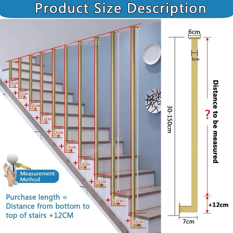 Product size description for Real Deal Gold L Shape Stair Handrail Built Tough For Indoor Steps Heavy Duty Galvanized Metal Guardrail.
