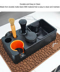 Matte Black Coffee Tamping Station With Knock Box Powder Organizer For Espresso Prep, showing bamboo brush and storage options.