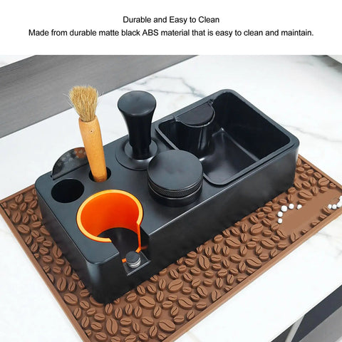 Matte Black Coffee Tamping Station With Knock Box Powder Organizer For Espresso Prep, showing bamboo brush and storage options.