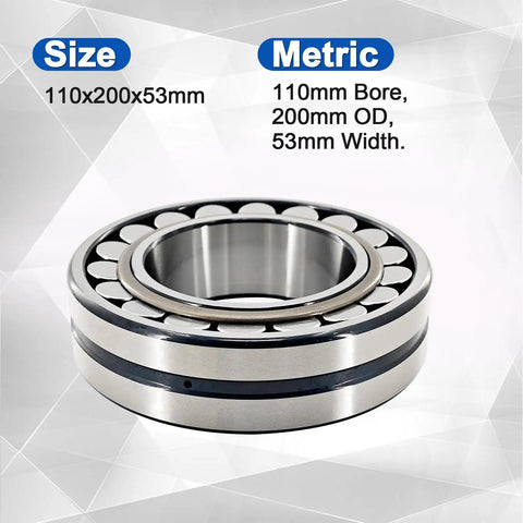 Hardcore Spherical Roller Bearing With Tapered Bore 110X200X53 Mm Model 22222 Ekc3 shown with size details and metallic finish.