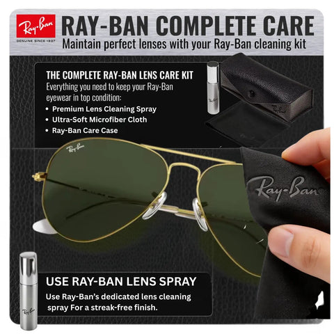 RB3025 Pilot Shape Non-Polarized Sunglasses For Men And Women With G-15 Green Lens, shown with cleaning kit components