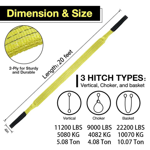 Bulldog Tough Rock Solid 4 Inch By 20 Foot 2 Ply Polyester Lifting Sling Strap Flat Eye Design 11200 Lbs Vertical Load Rating dimensions and hitch types.