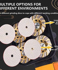 Job Site Beast Heavy Duty Electric Floor Grinder With Four Diamond Discs for Rapid Concrete Polishing and Drywall Sanding shown with varied grinding discs.