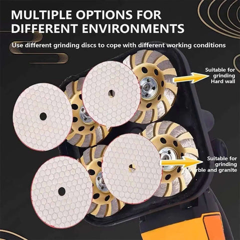 Job Site Beast Heavy Duty Electric Floor Grinder With Four Diamond Discs for Rapid Concrete Polishing and Drywall Sanding shown with varied grinding discs.