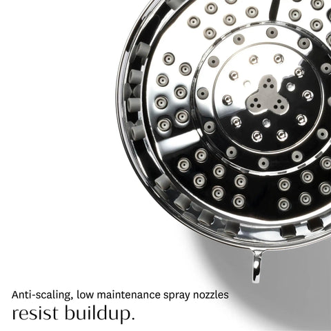 Close-up of adjustable chrome shower head with chlorine filter and mineral water filtration; anti-scaling nozzles shown.