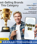 Smiling person pointing to phone with 'Follow Us!' text next to a gold trophy labeled 'Arana' with contact email.