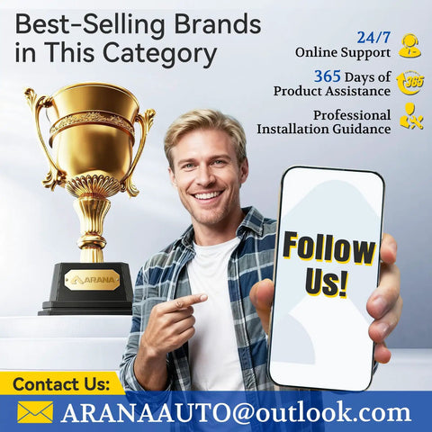 Man smiling and pointing at phone with 'Follow Us!' text beside trophy, promoting best-selling brands and support services.
