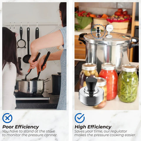 3-Piece Pressure Regulator With 5-Pound Weight Rings For Canning shown on Presto pressure canner beside jars, efficient use