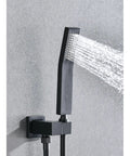 Shower System 16 Inch Square Bathroom Rain Mixer Shower Combo Set with sleek matte black handheld shower head and flowing water.