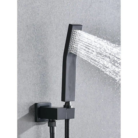 Shower System 16 Inch Square Bathroom Rain Mixer Shower Combo Set with sleek matte black handheld shower head and flowing water.