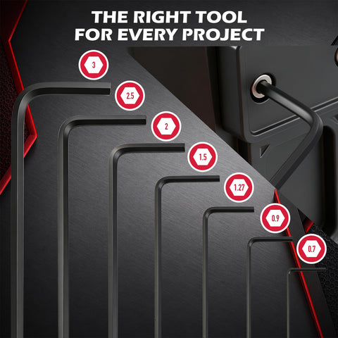 Dope 7 Piece Metric Hex Key Set with L Shaped Allen Wrenches, sizes 0.7mm to 3mm shown, chrome vanadium build, color coded