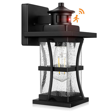 Motion Sensor Outdoor Wall Light With Dusk To Dawn Sensor, Waterproof Black Seeded Glass Porch Lantern For House And Garage, Anti Rust Exterior Lighting, Wall Mount Fixture