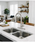 Slick Brushed Nickel Kitchen Faucet With Pull Down Sprayer High Arc Spout 18 Inch Hose Deck Plate installed in a modern kitchen.
