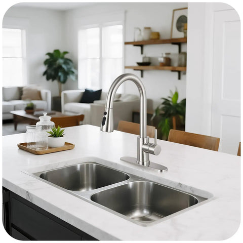 Slick Brushed Nickel Kitchen Faucet With Pull Down Sprayer High Arc Spout 18 Inch Hose Deck Plate installed in a modern kitchen.