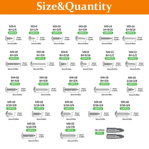 Size chart of 435Pcs 304 Stainless Steel Self Tapping Screws Assortment Set with M3 to M6 screws and bits.