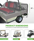Heavy Duty Waterproof Golf Cart Seat Cover Universal Fit For Yamaha EZGO Club Car 2 Plus 2 Seats Rainproof Dustproof Protection 600D Oxford Material Easy On Off All Weather UV Guard shown on golf cart with measurements.