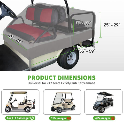 Heavy Duty Waterproof Golf Cart Seat Cover Universal Fit For Yamaha EZGO Club Car 2 Plus 2 Seats Rainproof Dustproof Protection 600D Oxford Material Easy On Off All Weather UV Guard shown on golf cart with measurements.