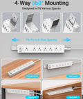 360 Degree Mountable Surge Protector Power Strip With Six Foot Cord Six Electrical Outlets And Four USB Ports Two USB C And Two USB A Flat Plug Extension For Under Desk Wall Or Corner Mount White Finish mounted on desk and wall