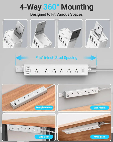 360 Degree Mountable Surge Protector Power Strip With Six Foot Cord Six Electrical Outlets And Four USB Ports Two USB C And Two USB A Flat Plug Extension For Under Desk Wall Or Corner Mount White Finish mounted on desk and wall