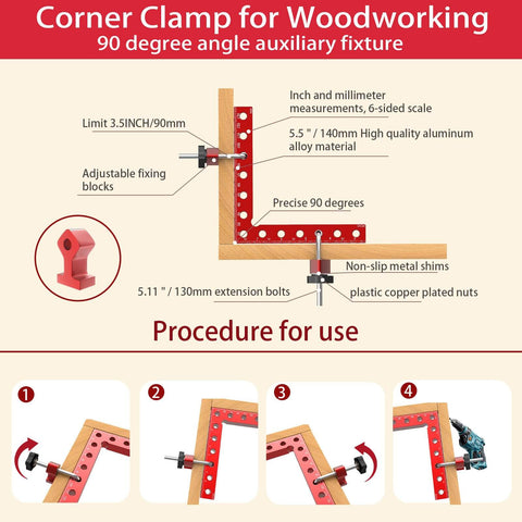 Diagram of Four Pack 90 Degree Corner Clamps For Woodworking, 5.5 By 5.5 Inch Right Angle Positioning Squares with installation steps.