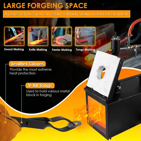 Triple Burner Propane Forge for Blacksmithing and Knife Making, 2700℉ Heavy-Duty Square Forge, V-Bit Tongs, and Leather Gloves