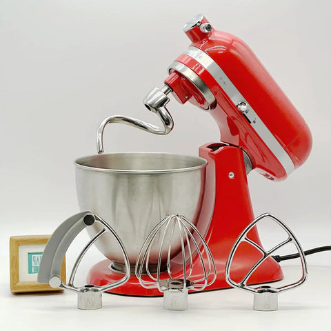 Red stand mixer with Beefy Spiral Dough Hook Replacement For Three Point Five Qt Tilt-Head Mixers, stainless steel attachments.