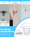 8 Count Fire Sprinkler Head Protectors Rugged Steel Cage Covers For Ceiling Flush Mount with examples of ceiling, wall mount, and recessed installations.