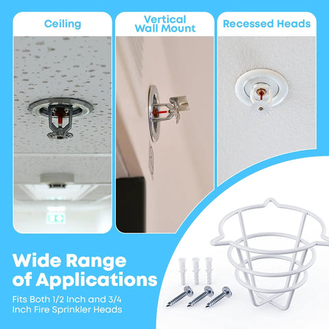 8 Count Fire Sprinkler Head Protectors Rugged Steel Cage Covers For Ceiling Flush Mount with examples of ceiling, wall mount, and recessed installations.