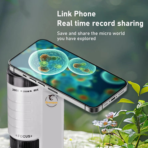 Pocket LED Microscope With 60X To 200X Zoom, Portable Handheld Micro Observation Tool For Kids And Adults, Mini Field Lab Microscope For Science Projects And Outdoor Microbe Exploration. Phone-linked view