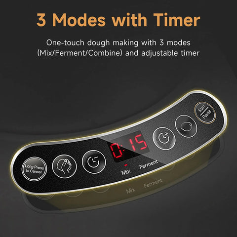 Joydeem electric dough maker front control panel with digital timer and touch buttons, stainless steel body