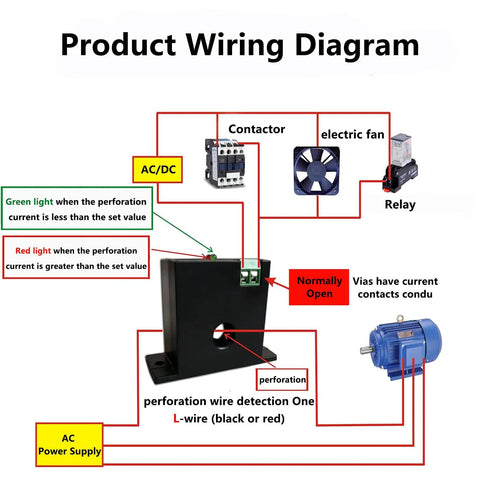 Product wiring diagram for No Fuss AC Current Sensing Relay With 0 To 30 Amp Range, showing components and connections.