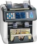 Front view of multi currency money counter with counterfeit detection and sorter, printer enabled, ready for cash handling.