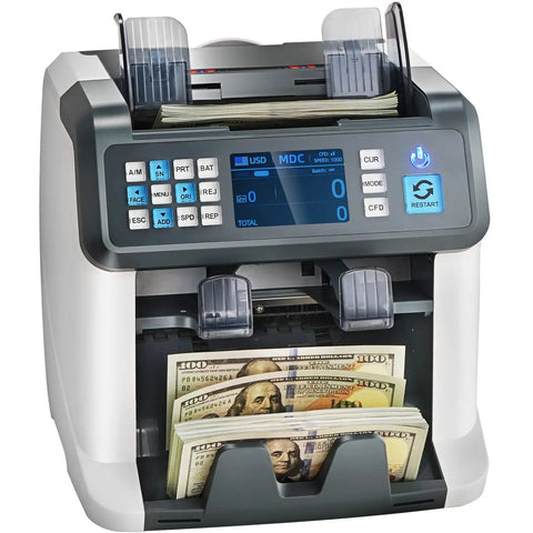 Front view of multi currency money counter with counterfeit detection and sorter, printer enabled, ready for cash handling.