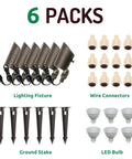 Components of Low Voltage Outdoor LED Landscape Lighting Kit 12V 4W Bronze 6 Pack, showing fixtures, connectors, stakes, and bulbs.