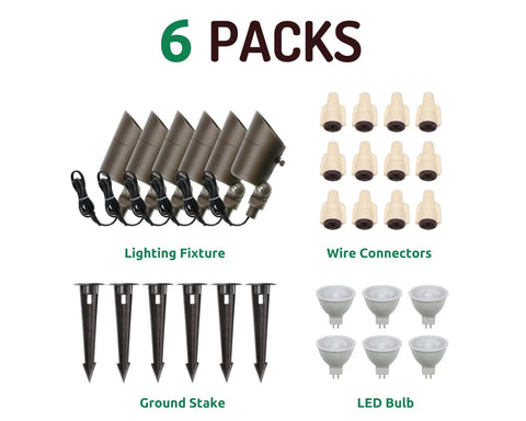 Components of Low Voltage Outdoor LED Landscape Lighting Kit 12V 4W Bronze 6 Pack, showing fixtures, connectors, stakes, and bulbs.