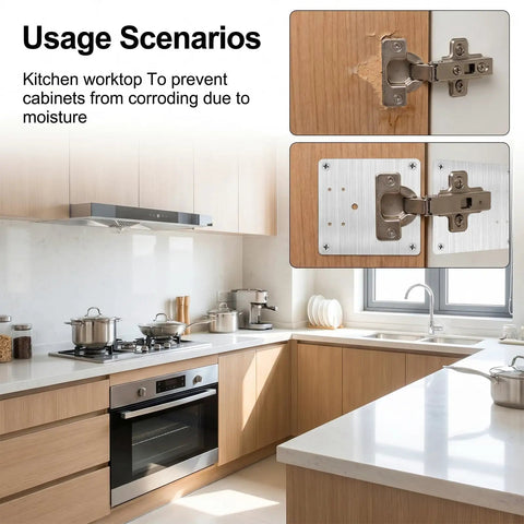 Four Pack Stainless Steel Cabinet Hinge Repair Plates with 20 Fixing Screws for Kitchen Cupboards Installation View