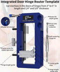 All In One Door Hinge Jig Kit For Quick Mortises Fits Three To Five Inch Hinges And One Quarter Or Five Eighths Inch Door Thickness Router Template in blue showing various components including bits and clamp.