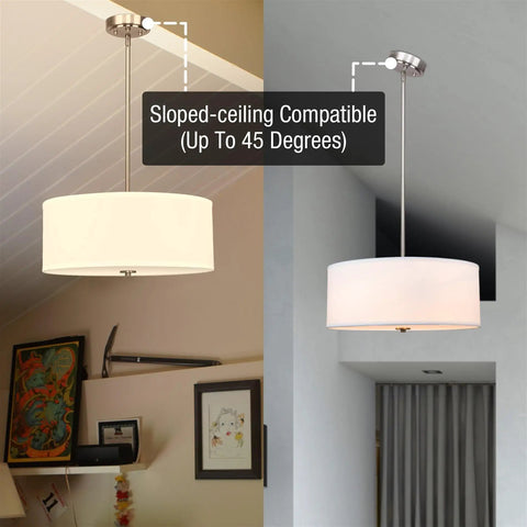 Three Light Drum Pendant Chandelier With White Fabric Shade Brushed Nickel Finish Tempered Glass Diffuser Dope Modern Ceiling Light