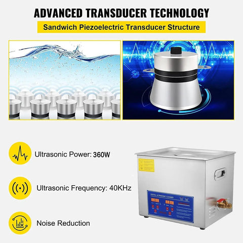Heavy Duty 15L Ultrasonic Cleaner With Heater And Timer For Jewelry Auto Parts Lab Tools Eyeglasses Dentures features advanced transducer technology.