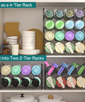 Stackable Metal Water Bottle Organizer 4 Tier Rack for 20 30 40 oz Tumblers from Yeti and Stanley in cabinet with cups