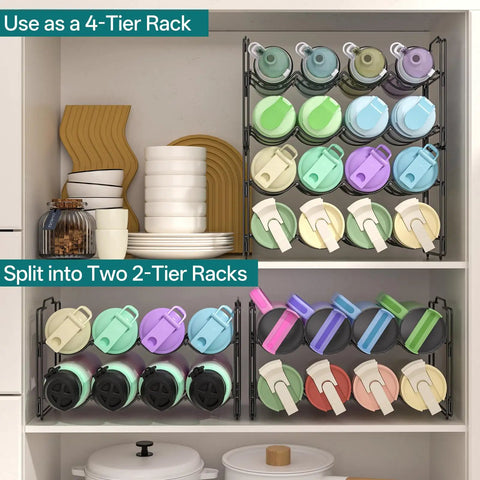 Stackable Metal Water Bottle Organizer 4 Tier Rack for 20 30 40 oz Tumblers from Yeti and Stanley in cabinet with cups